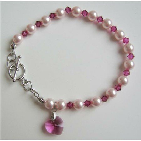 TB632 Rose Pink Pearls Fuschia Swarovski Crystals Gorgeous Bracelet w/ Pink Heart Dangling Bracelet