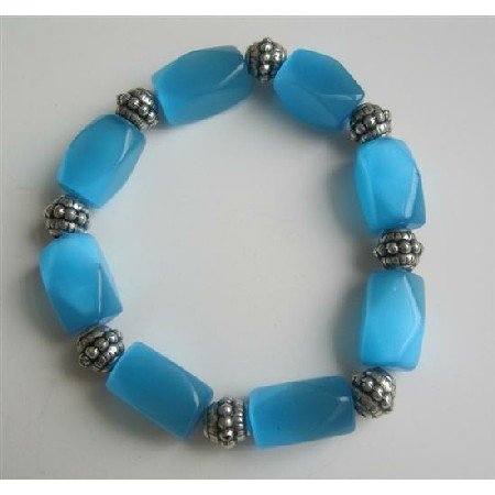 TB569 Barrel Blue Faceted Cate Eye Stretchable Bracelet w/ Daisy Spacing Beads Bracelet