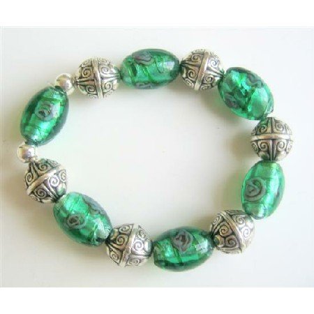 TB541 Painted Millefiori Beaded Stretchable Bracelet Ethnic Bali Silver Bracelet