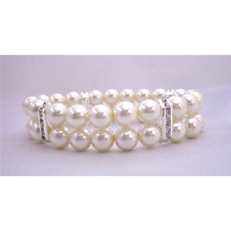 TB323 Double Strands Cream Pearls Stretchable Bracelet With Silver Rondells