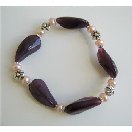 TB604 Amethyst Glass Bead Bracelet w/ Freshwater Pearls & Bali Silver Spacer Stretchable Bracelet
