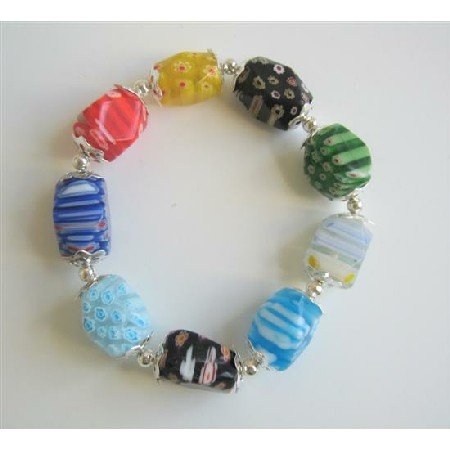 TB607 Colorful Millefiori Beads Stretchable Bracelet w/ Bali Silver Spacer Bracelet