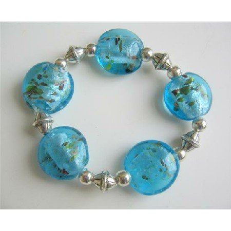 TB545 Ethnic Bali Silver Spacer Millefiori Bracelet Oval Blue beaded Stretchable Bracelet