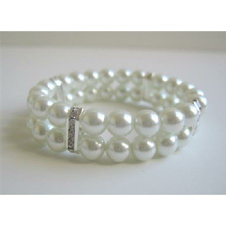 TB600 White Pearls Double Stranded Stretchable Bracelet w/ Silver Rondells
