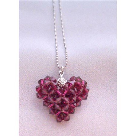 NSC676 Adorable Ruby Swarovski Crystals Puffy Heart Pendant Neckalce