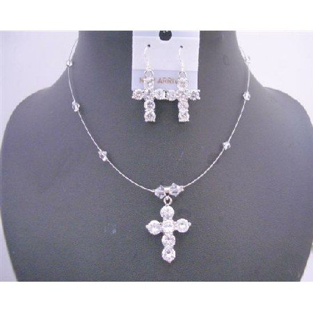 NSC579 Clear Crystals Cross Pendant Necklace Set w/ Cross Earrings Sterling Silver Wire Jewelry Set