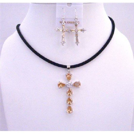 NSC574 Golden Shadow Cross Pendant Necklace Set w/ Cross Earrings Jewlery Set