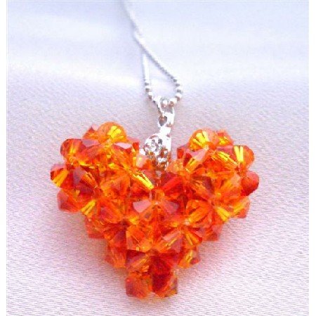 NSC679 Fire Opal Puffy Heart Pendant Swarovski Crystals Puffy Heart Pendant Necklace