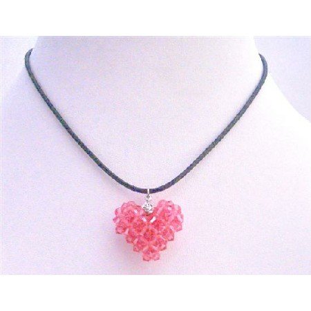 NSC669 Rose Puffy Heart Pendant Necklace Swarovski Crystals Puffy Heart Pendant Handmade Pendant