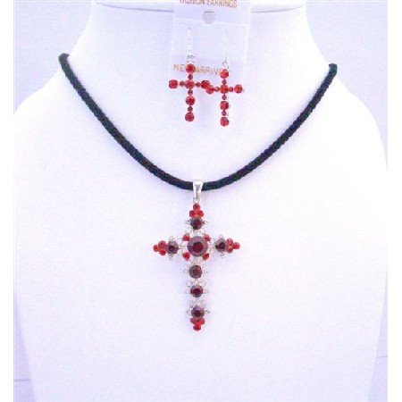 NSC577 Siam Red Light & Dark Cross Cross Pendant Earrings Jewelry Set