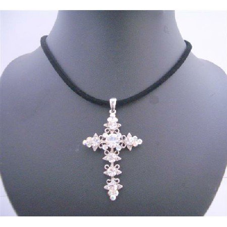 NSC572 Velvet Black Chord With AB Crystals Cross Pendant Necklace