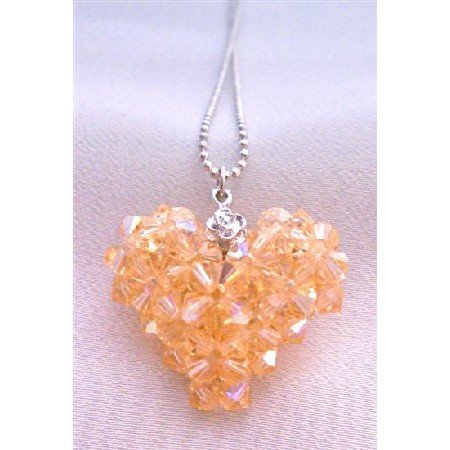NSC673 Adorable Peach Swarovski Crystals Puffy Heart Handmade Puffy Heart Pendant Neckalce