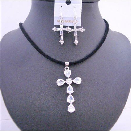 NSC573 Clear Crystals Cross Pendant In Black Chord w/ Cross Earrings Jewelry Set