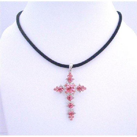 NSC576 Pink Crystals Cross Pendant Necklace Velvet Black Chord Necklace