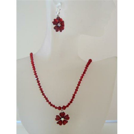 NSC476 Romantic Siam Red Swarovski Crystals Necklace Set w/ Flower Crystals Pendant Jewelry Set