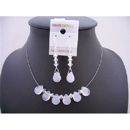 NSC514 Opal Teardrop Glass Beads Swarovski AB Crystals w/ Sterling Silver 925 Earrings Jewelry Set