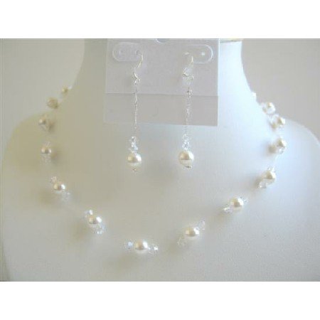 NSC557 Soothing Pure White Pearls Clear Crystals Jewelry Set Genuine Swarovski Pearls & Crystals