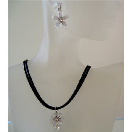 NSC481 Opal Flwer Pendant Crystals Jewelry Set Black chord White Flower Pendant Necklace Set