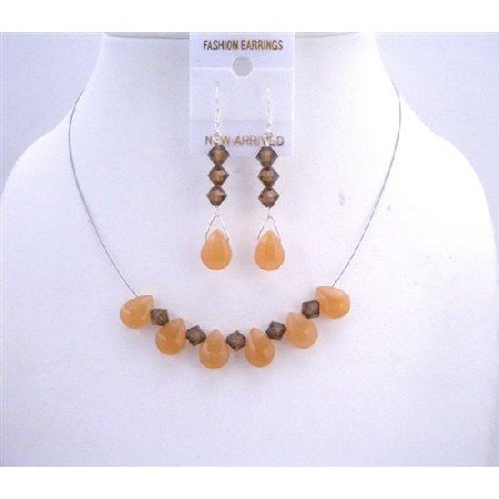 NSC513 Smoked Topaz Swarovski Crystals w/ Orange Teardrop Glass Beads Sterling Silver 925 Earrings