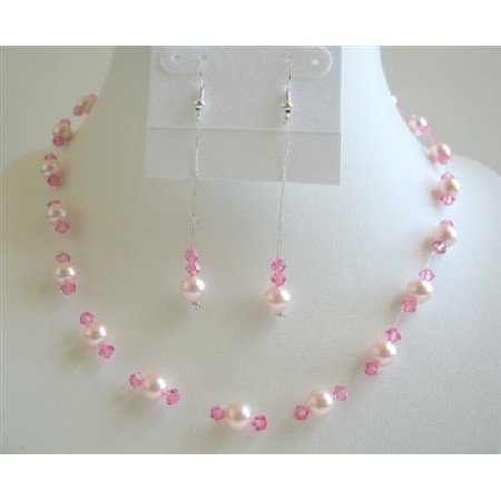 NSC559 Sexy Pink Pearls Crystals Jewelry Set Genuine Swarovski Pearls & Crystals Necklace Set
