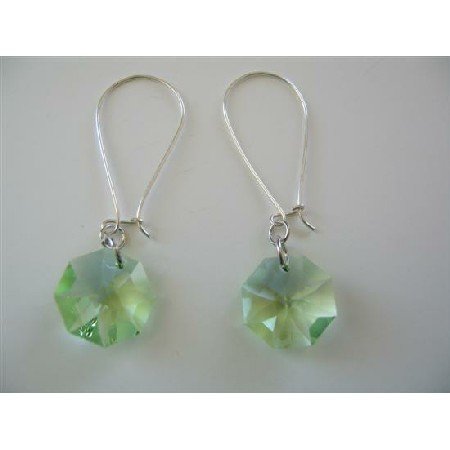 ERC384 Peridot Octagon Swarovski Crystals 15mm Multifaceted Sterling Silver Hoop Earrings