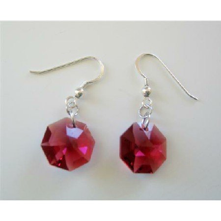 ERC385 Dark Siam Red Swarovski Octagon Crystals 15mm Multifaceted Crystals Sterling Silver Earrings