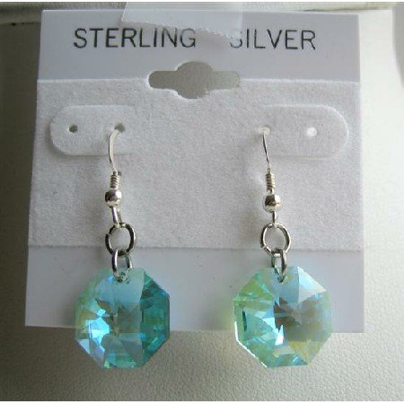 ERC309 Octagon Crystals Swarovski Aquamarine Multifaceted Bead Crystals & Sterling Silver Earrings