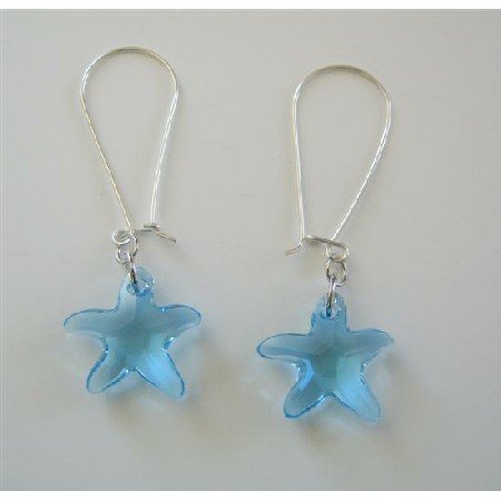 ERC386 Crystals Fish Jewelry Aquamarine Star Fish Crystals Sterling Silver Hoop Earrings