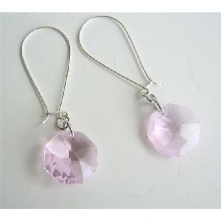 ERC344 Swarovski Octagon Transparent Pink Crystals Multifaceted Crystals Hoop Earrings