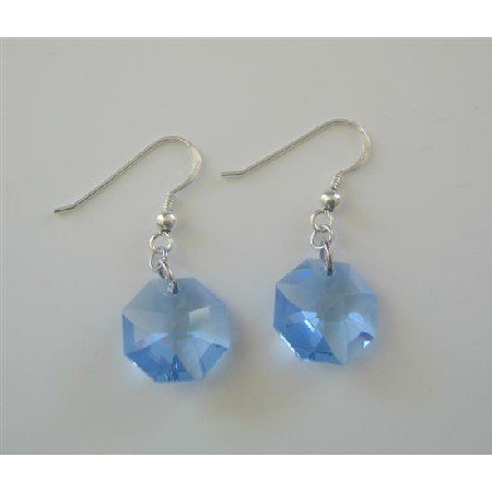 ERC388 Swarovski Octagon Aquamarine Transparent Multifaceted Crystals Sterling Silver Earrings