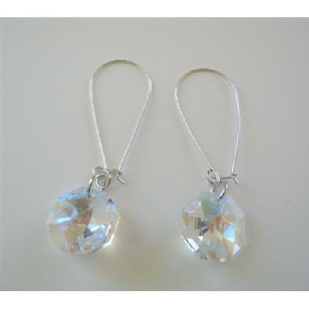ERC387 AB Crystals Sterling Silver Hoop Earrings 15mm Multifaceted Octagon Crystals Earrings