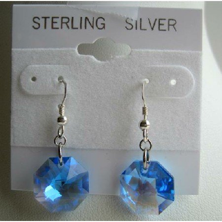 ERC310 Blue Sapphire Swarovski Crystals Multifacted Octagon 15mm Sterling Silver Earrings