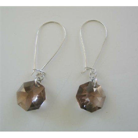 ERC394 Sterling Silver Hoop Earrings w/ Smoked Topaz Octagon 15mm Multifaceted Crystals Earrings