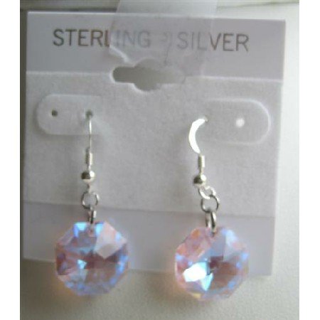 ERC311 Transparent Pink Crystals Octagon 15mm Multifaceted Crystals Sterling Silver Earrings