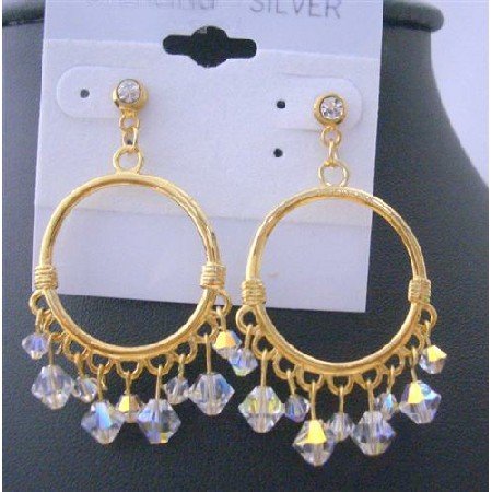 ERC301 Gold Hoop Earrings Swarovski AB Crystals w/ 22k Gold Plated Chandelier Earrings