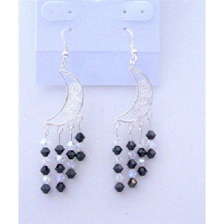 ERC232 Moonlite And Jet Swarovski Crystals Sterling Silver 92.5 Chandelier Earrings