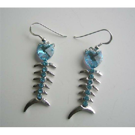 ERC244 Aquamraine Swarovski Crystals Heart Fish Chandelier Earrings Sterling Silver