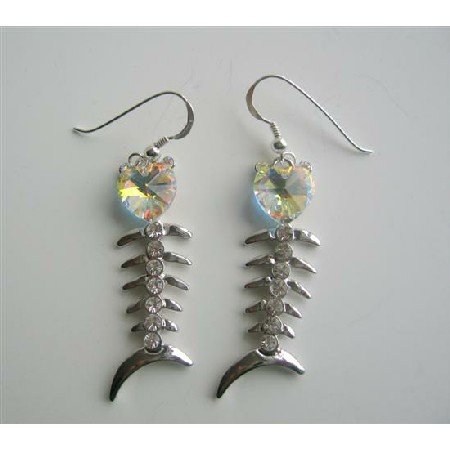 ERC243 AB Swarovski Crystals Heart Fish Chandelier Earrings Sterling Silver 92.5 Dangling