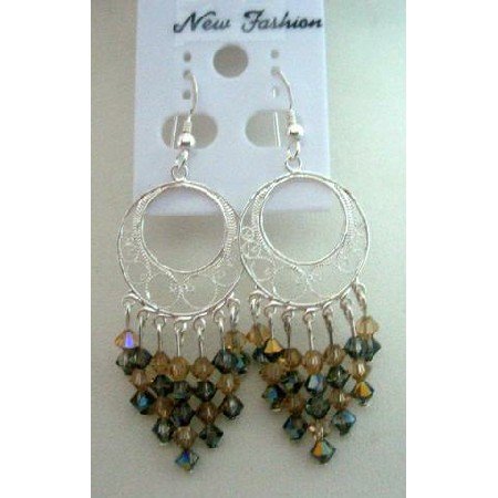 ERC173 Smoked Topaz & Toback Crystals w/ Sterling Silver 92.5 Round Chandelier Earrings