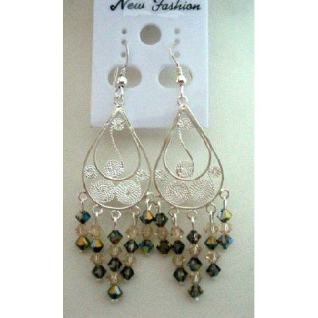 ERC170 Sterling Silver Chandelier Earrings w/Swarovski Ceylon & Toback Crystals Dangling Earrings