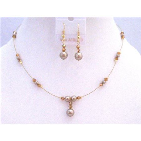 BRD879 Genuine Swarovski Copper Crystals Swarovski Bronze Pearls Necklace Set Bridemaids Jewelry Set