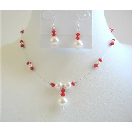 BRD597 Coral Crystals Swarovski Coral Color Crystals w/ White Pearls Bridemaides Jewelry Set