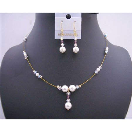 BRD587 Gold Wire w/ White Pearls & Ab Swarovski Crystals Handcrafted Jewelry Set