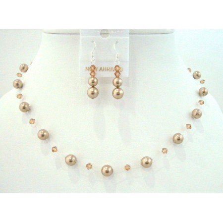 BRD817 Lite Smoked Topaz Crystals w/ Bronze Pearls Swarovski Pearls Crystals Necklace Set