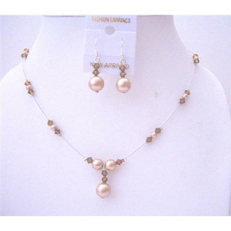 BRD534 Champagne Pearls Smoked Topaz Crystals Bridal Bridemaides Jewelry Set
