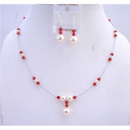 BRD624 Cream Pearls & Lite Siam Red Crystals White Pearls Handcrafted Jewelry Set