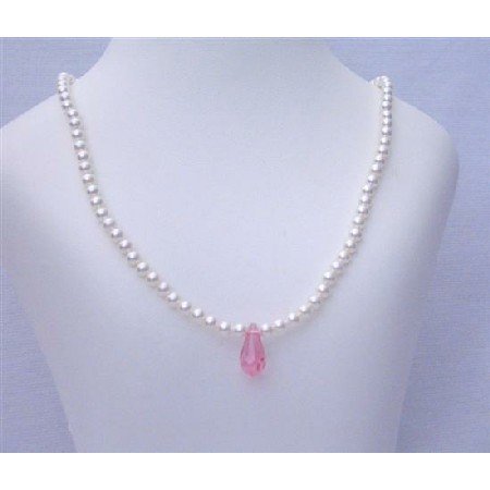 BRD405 Flower Girl White Pearls Jewelry Necklace w/ Pink Crystals Teardrop Necklace