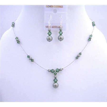 BRD634 Powder Green Pearls Turmarine Crystals Bridal Bridemaides Jewelry Set