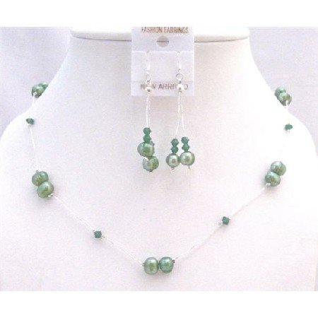 BRD853 Clover Swarovski Crystals With Green FreshWater Pearls Jewelry Set In Silk Thread