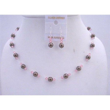 BRD625 Chocolate Brown Pearls Swarovski Pink Crystals Wedding Jewelry Set